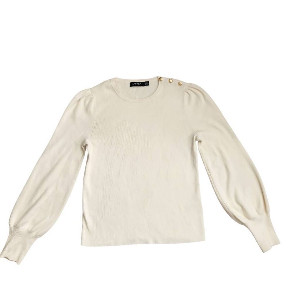 Lauren Ralph Lauren Sweater Womens XL Button Trim Ribbed Gold Ivory Puff Sleeve - Picture 3 of 7